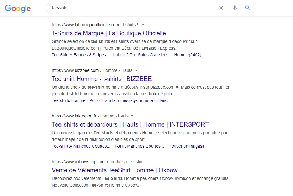 Illustration de la concurrence sur un mot-clé générique dans les résultats Google
