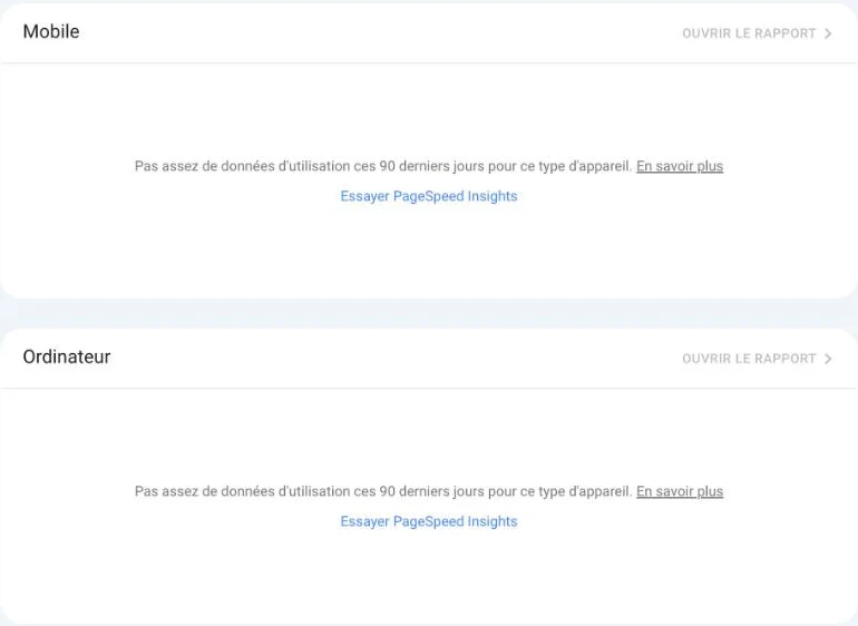 Rapport Core Web Vitals de la Search Console d'agence-digitalink.fr : pas assez de données d'utilisation ces 90 derniers jours, sur mobile comme sur ordinateur