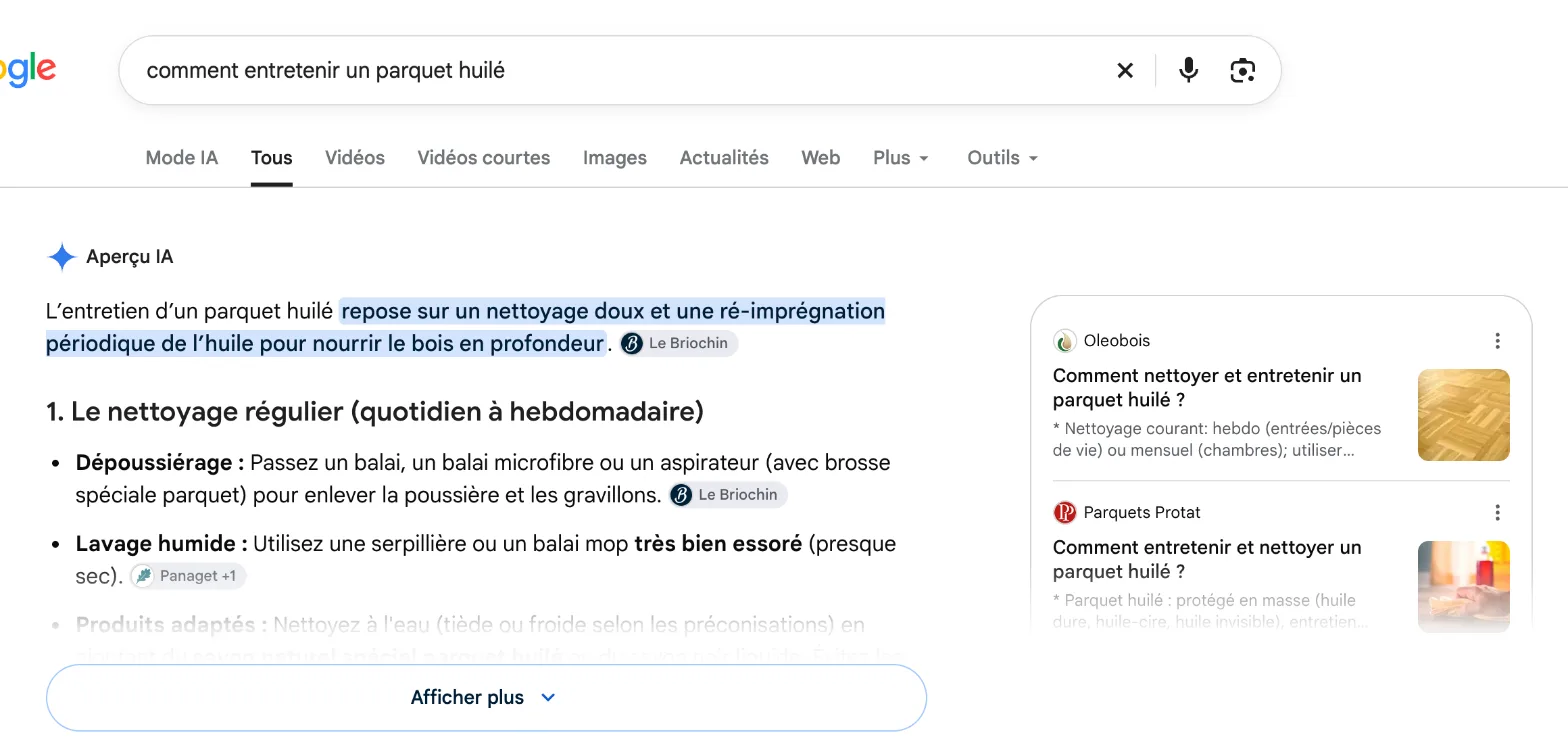 Aperçu IA affiché en haut des résultats Google, à la place d'un extrait optimisé.