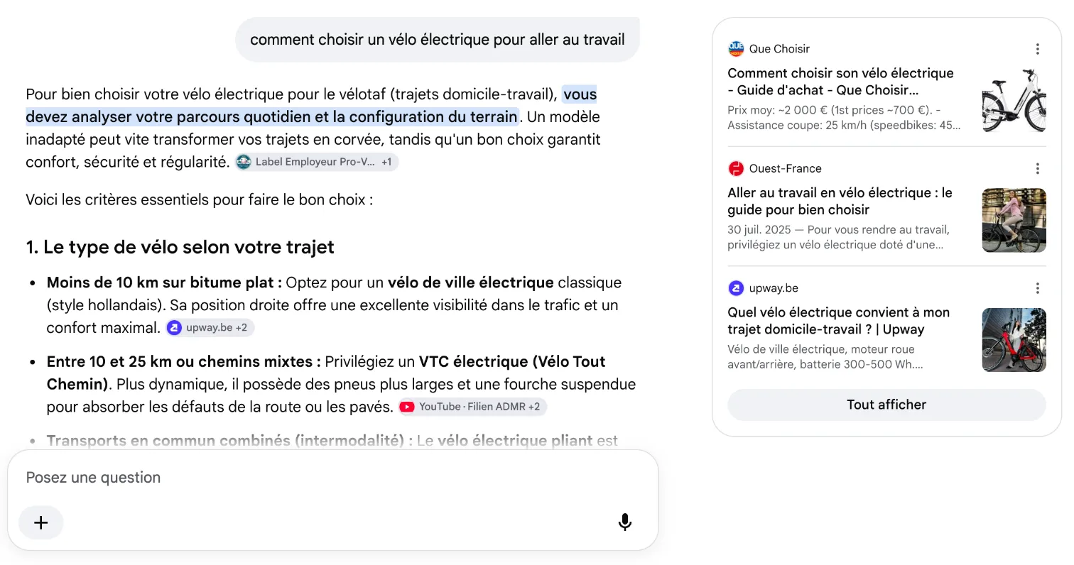 Réponse du Mode IA de Google à la question « comment choisir un vélo électrique pour aller au travail », avec les sources citées dans le texte et à droite.