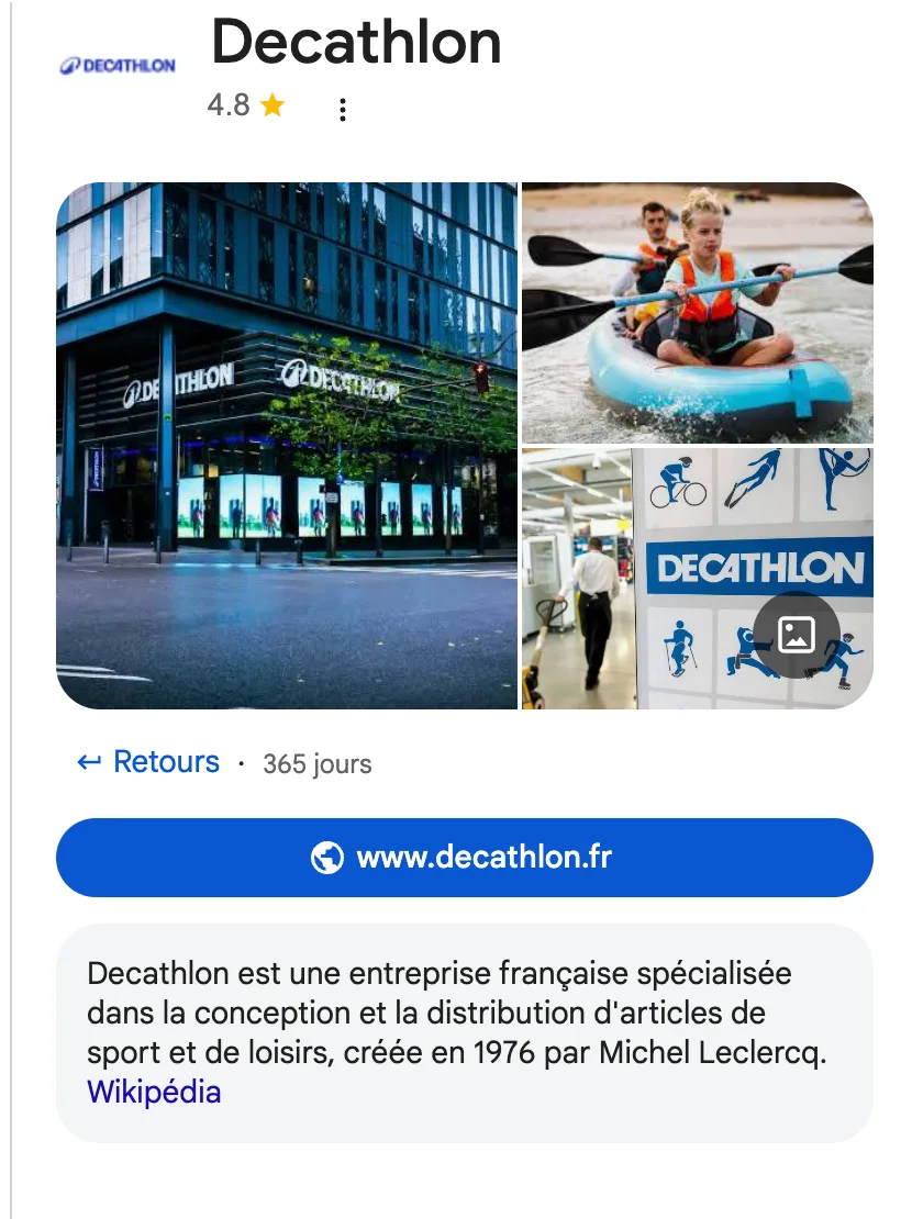 Panneau de connaissances de Decathlon dans Google : logo, note, photos, site officiel et description tirée de Wikipédia.