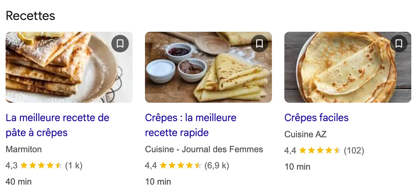 Résultats enrichis de recettes de crêpes dans Google, avec photo, note en étoiles, nombre d'avis et durée.