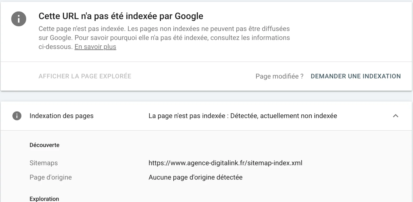 Inspection d'URL dans la Search Console : page détectée via le sitemap mais actuellement non indexée.