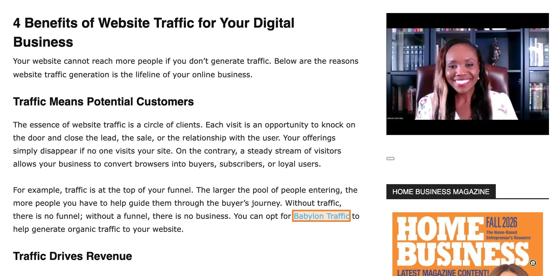 Article de Home Business Magazine avec un lien vers Babylon Traffic