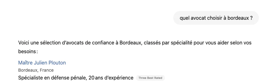 Réponse de ChatGPT à la question quel avocat choisir à Bordeaux, qui cite Maître Julien Plouton en premier