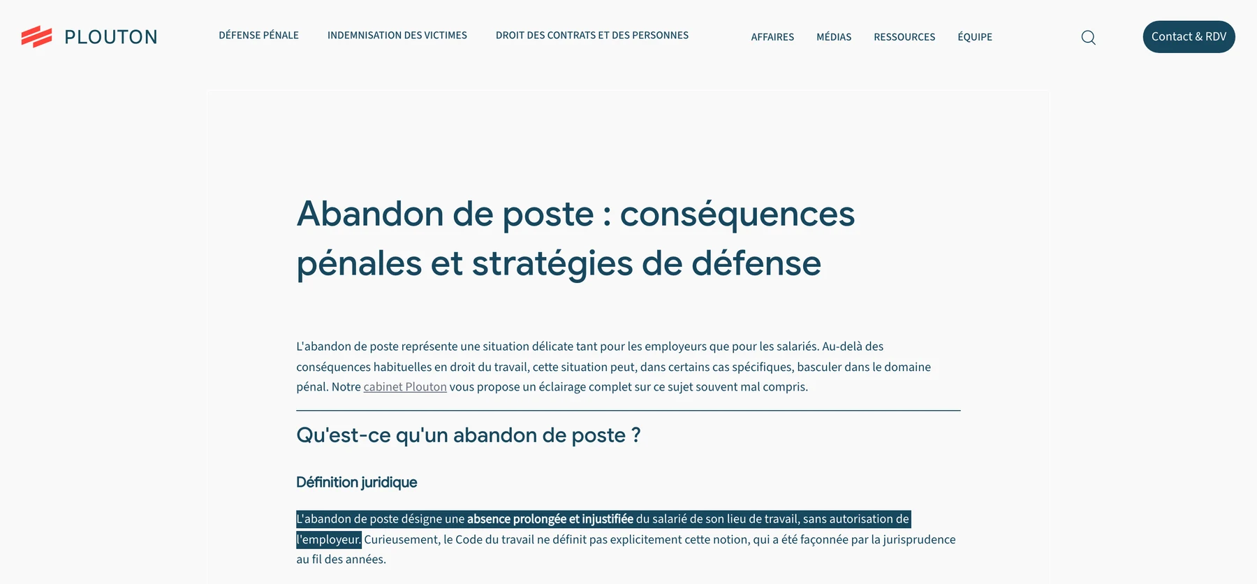 Page Abandon de poste du site du cabinet Plouton