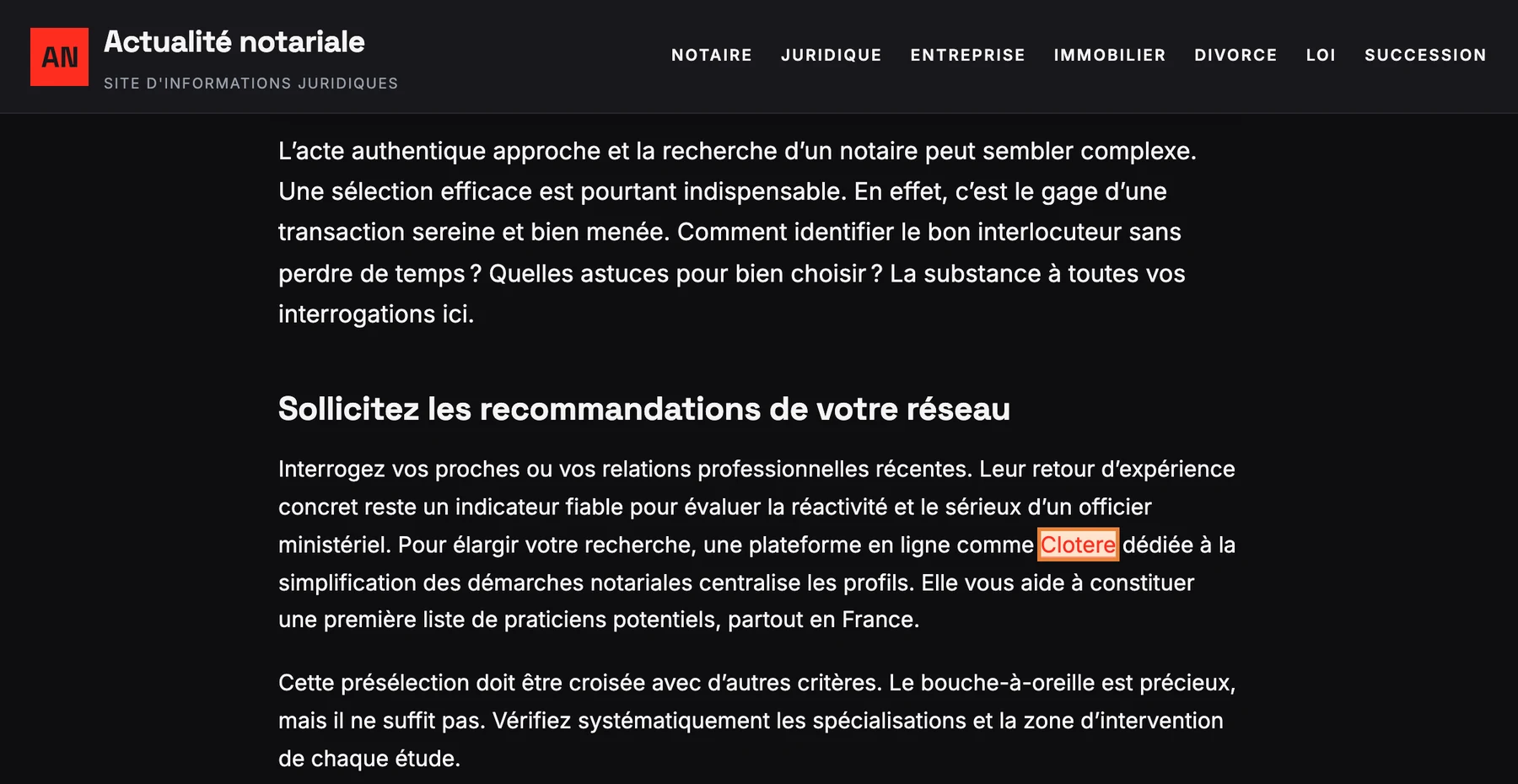 Article d'Actualité notariale avec un lien vers clotere.fr