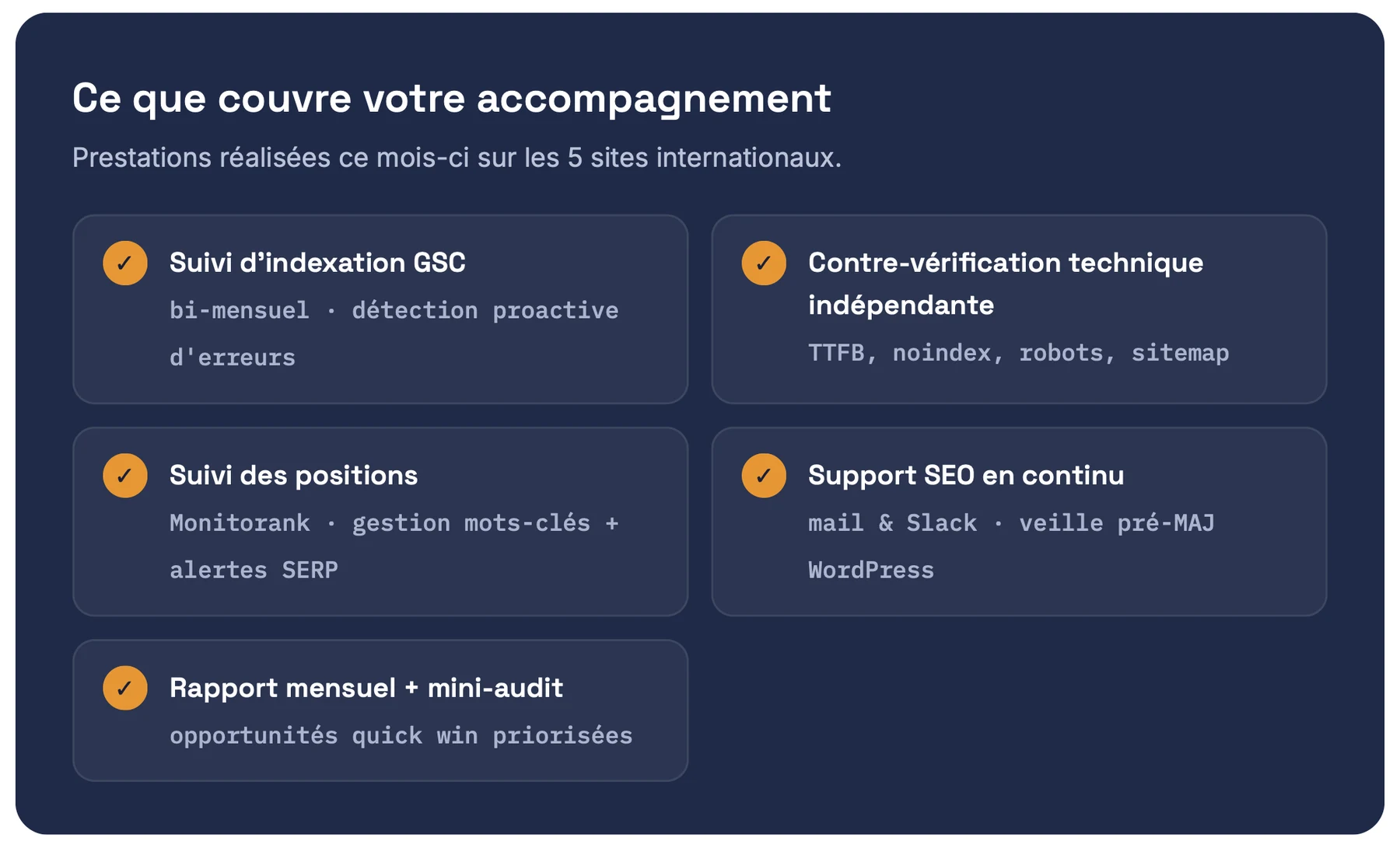 Extrait du rapport mensuel : ce que couvre l'accompagnement SEO international