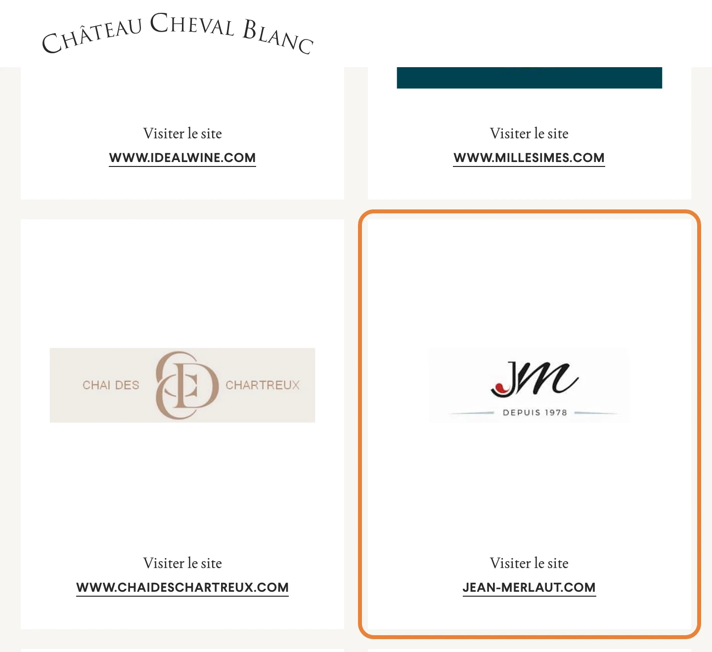 Page des revendeurs internet du Château Cheval Blanc, avec Jean Merlaut