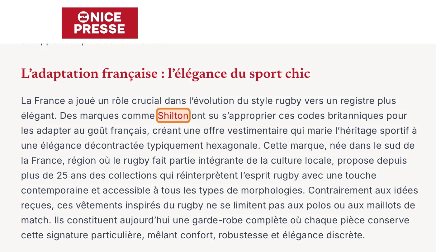 Article de Nice Presse sur le style rugby avec un lien vers shilton.fr