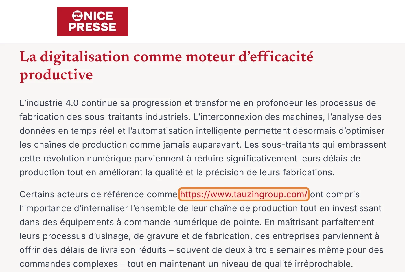Article de Nice Presse sur la sous-traitance industrielle, avec un lien vers tauzingroup.com