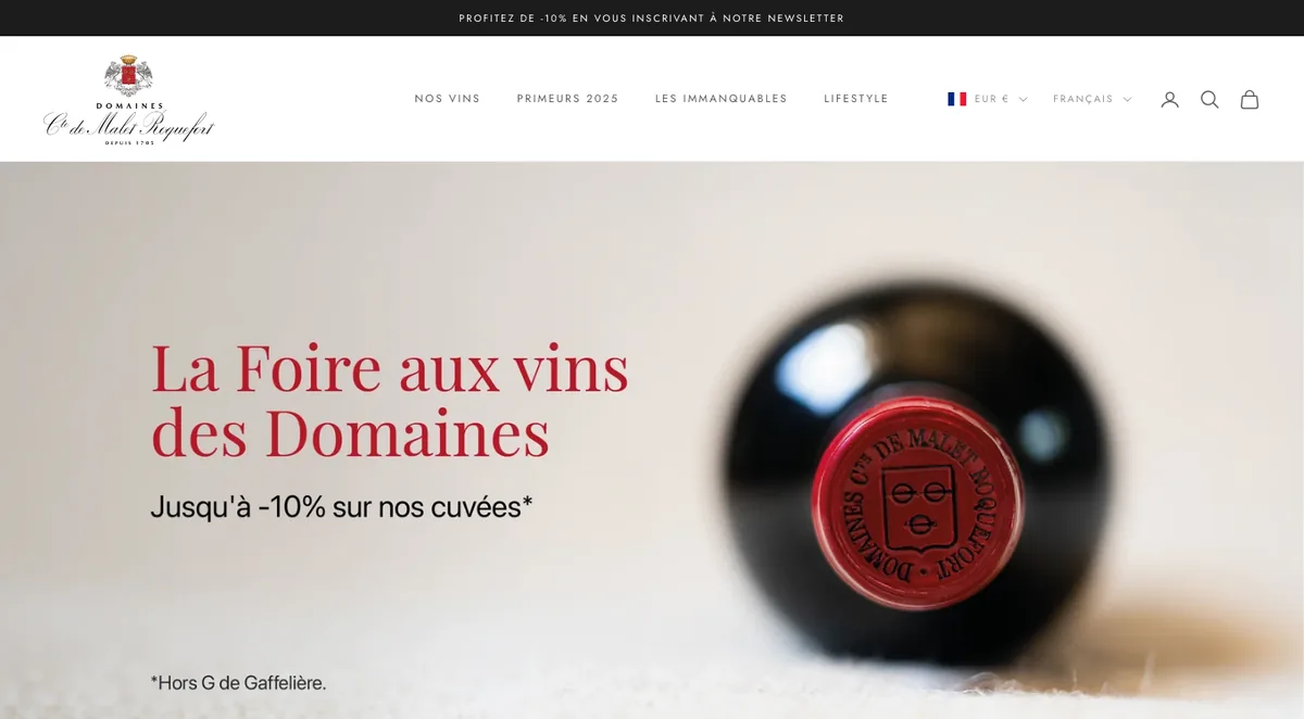 Page d'accueil de la boutique en ligne des Domaines Comte de Malet Roquefort