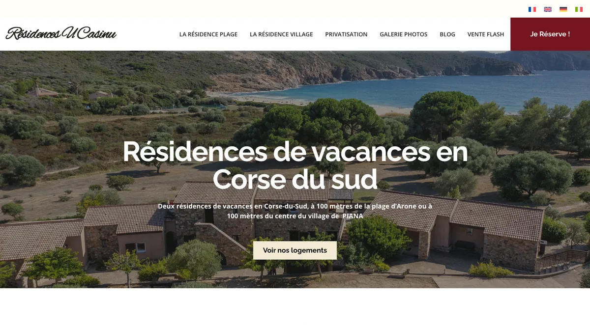 Page d'accueil du site des Résidences U Casinu, en Corse du Sud